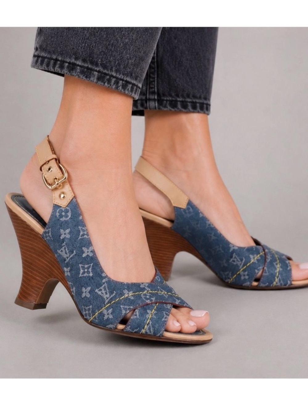 Louis Vuitton Blue Denim Monogram Slingback Heels with Leather Tan Strap